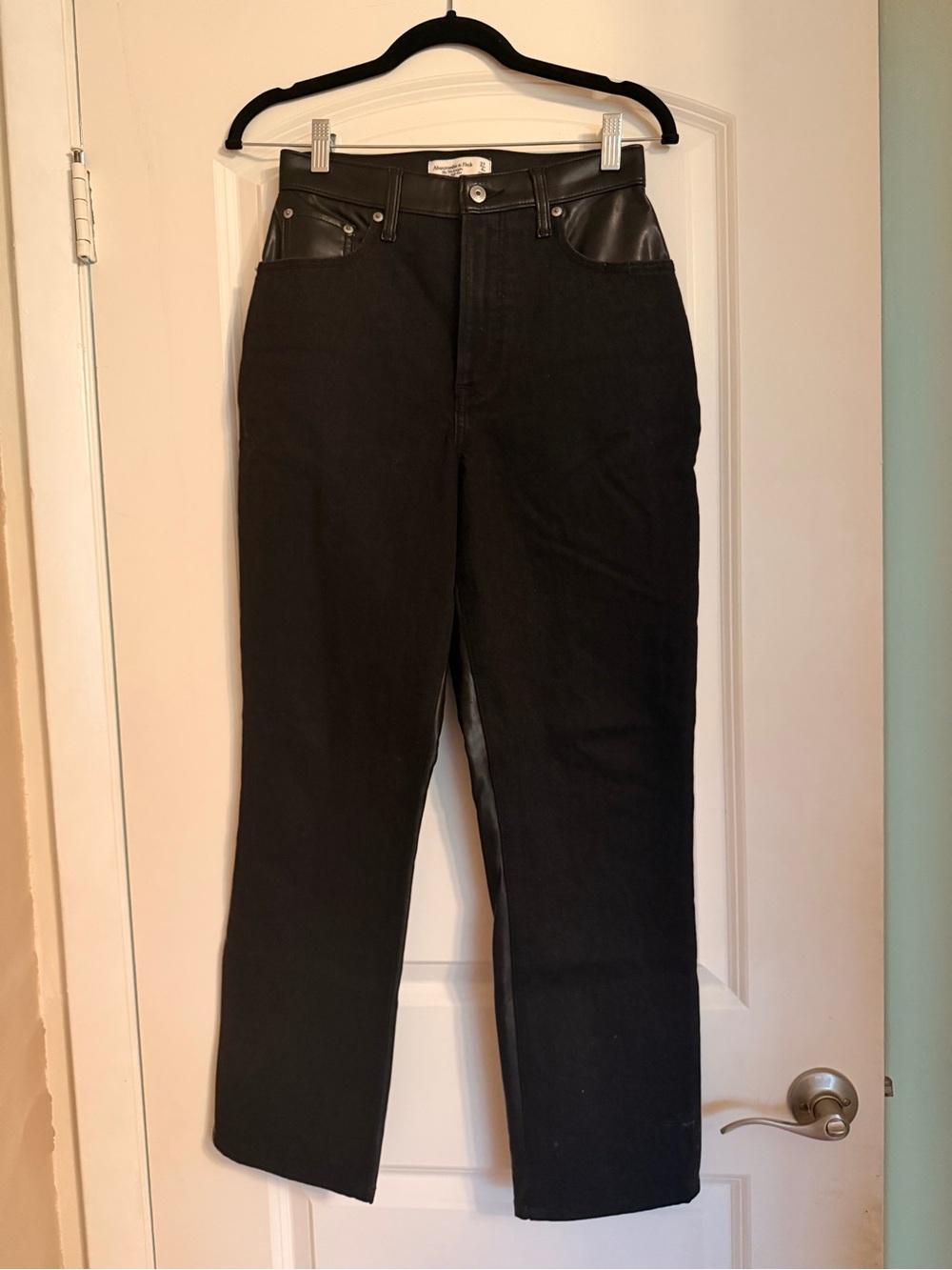 Abercrombie & Fitch Black Straight-Leg Jeans with Faux Leather Trim